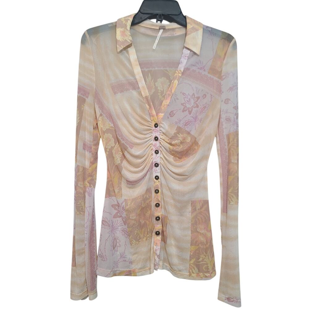 Free People Sheer Mesh Patchwork Floral Top Small Pastel Ruched V-Neck